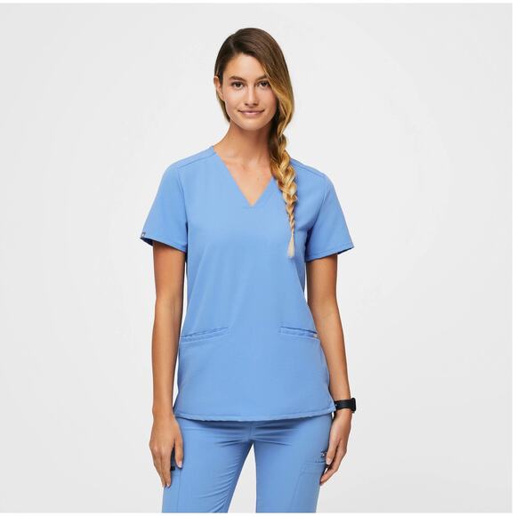 Figs Tops - Figs Casma Ceil Blue Three-Pocket Scrub Top Size Small